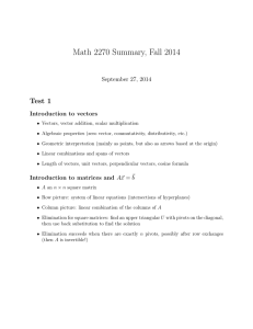 Math 2270 Summary, Fall 2014 Test 1 September 27, 2014 Introduction to vectors