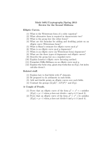 Math 5405/Cryptography/Spring 2013 Review for the Second Midterm Elliptic Curves.