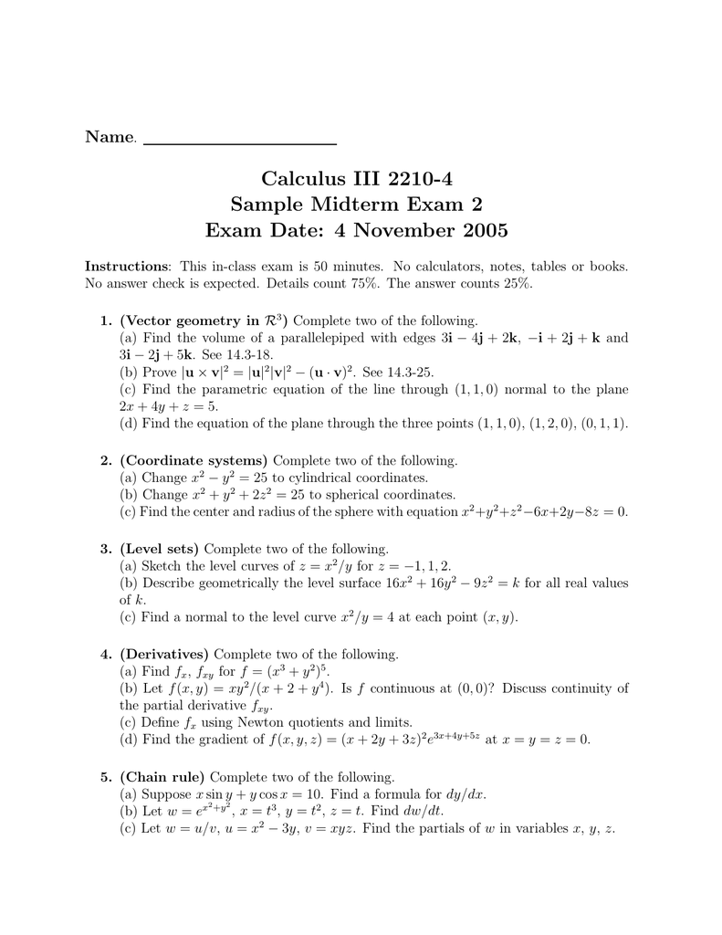 Calculus Iii 2210 4 Sample Midterm Exam 2 Exam Date 4 November 05 Name