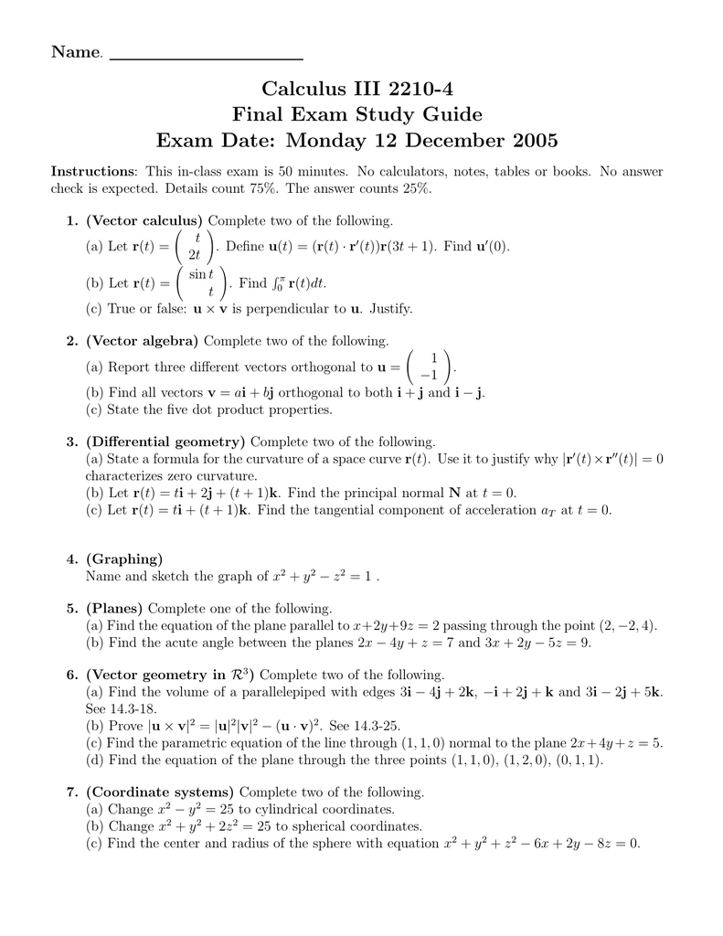 Calculus Iii 2210 4 Final Exam Study Guide Name