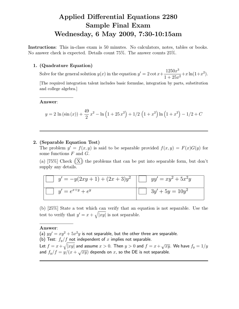 Applied Differential Equations 2280 Sample Final Exam Wednesday 6 May 09 7 30 10 15am