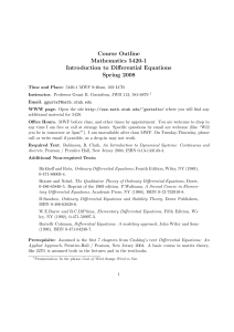 Course Outline Mathematics 5420-1 Introduction to Differential Equations Spring 2008