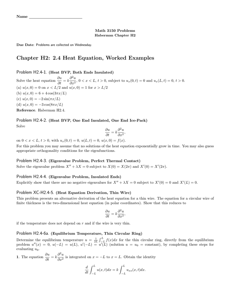 Chapter H2 2 4 Heat Equation Worked Examples Problem H2 4 1