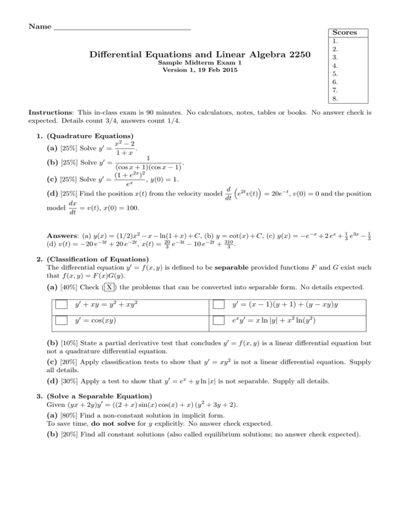 Differential Equations And Linear Algebra 2250 Name Scores