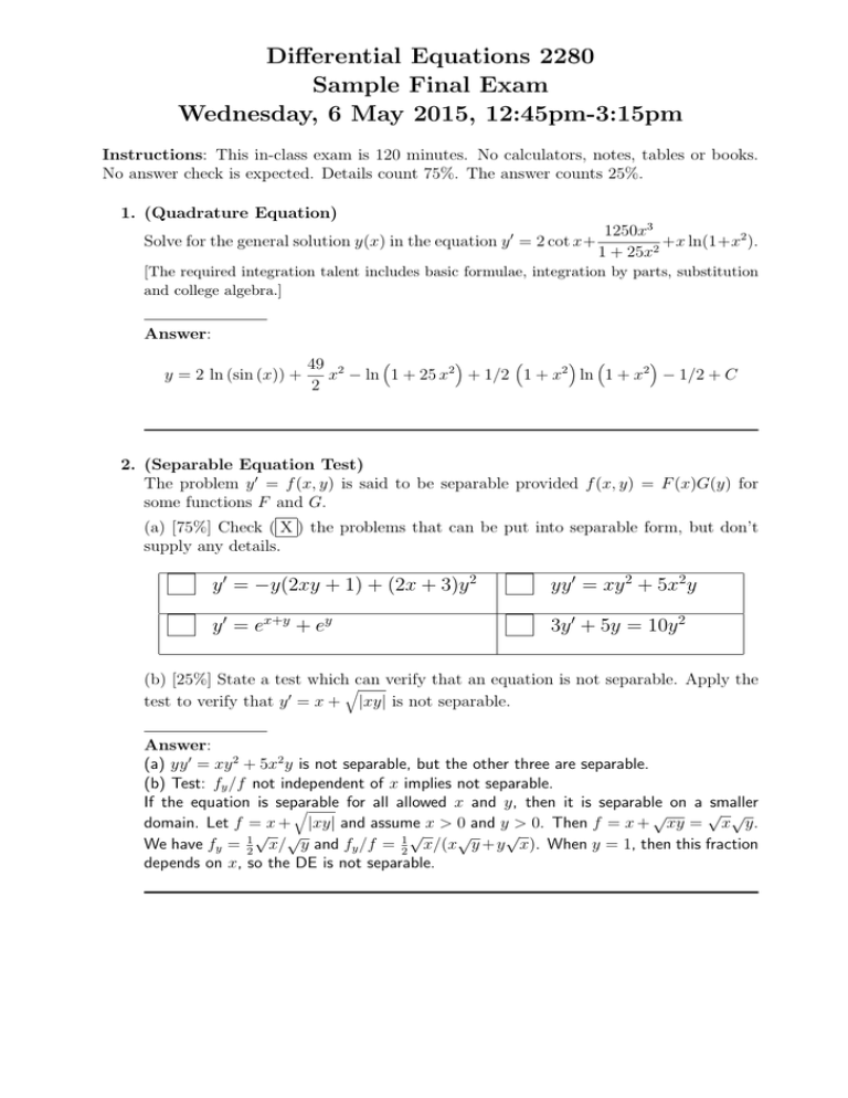 Differential Equations 2280 Sample Final Exam Wednesday 6 May 15 12 45pm 3 15pm