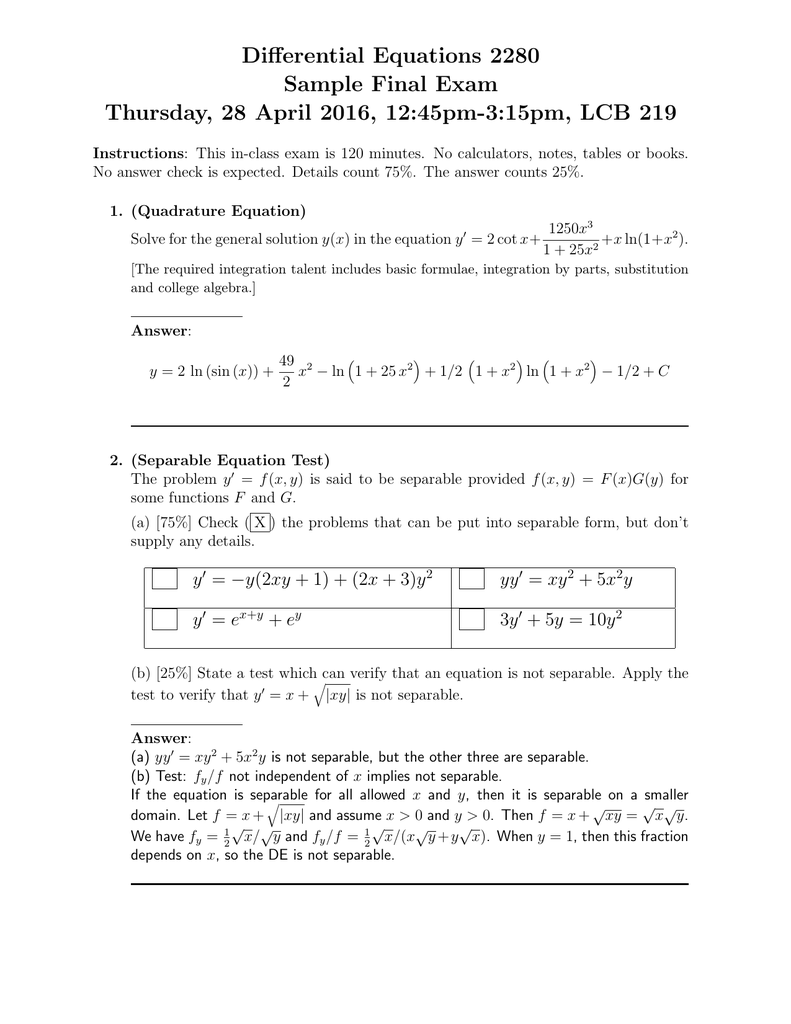 Differential Equations 2280 Sample Final Exam