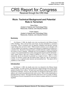 CRS Report for Congress Ricin: Technical Background and Potential Role in Terrorism