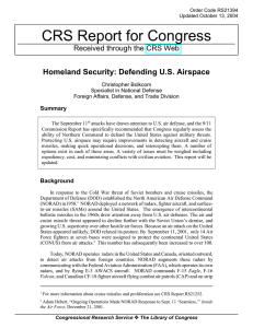 CRS Report for Congress Homeland Security: Defending U.S. Airspace Summary