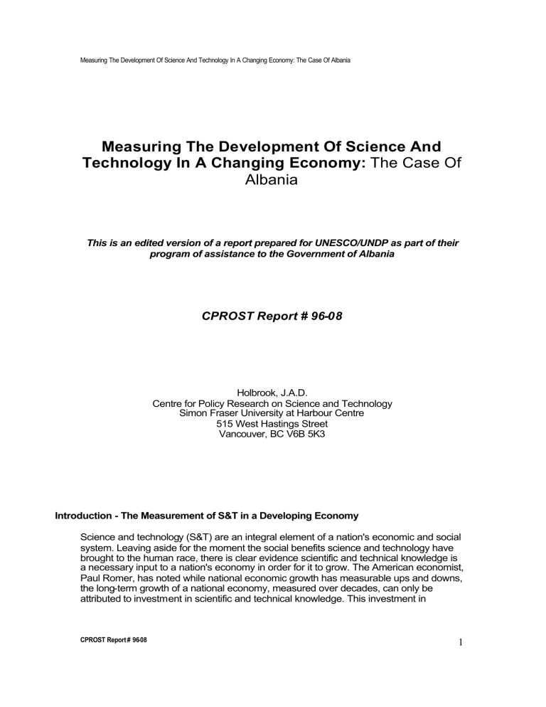 Measuring The Development Of Science And Technology In A Changing Economy 