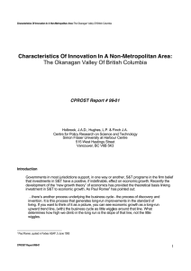 Characteristics Of Innovation In A Non-Metropolitan Area: CPROST Report # 99-01
