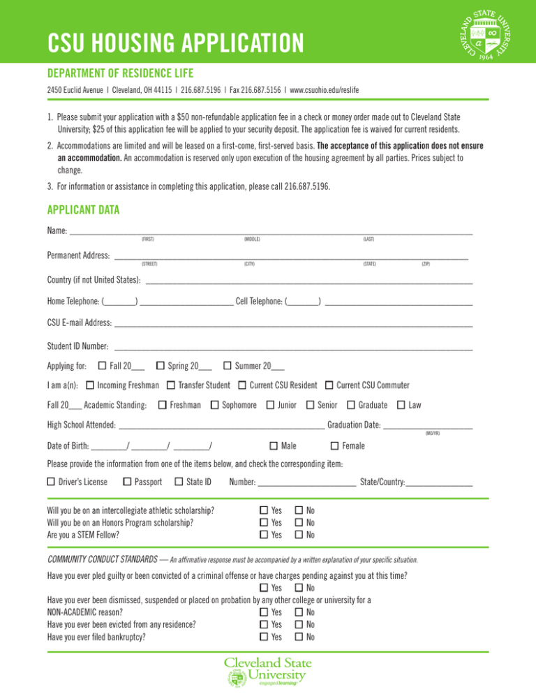 CSU HOUSING APPLICATION DEPARTMENT OF RESIDENCE LIFE