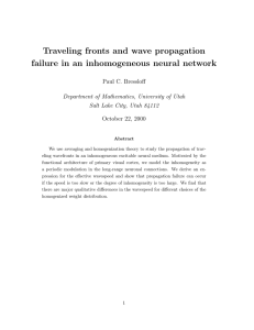 Traveling fronts and wave propagation failure in an inhomogeneous neural network