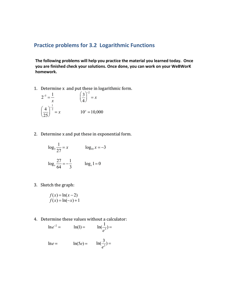 Practice Problems For 3 2 Logarithmic Functions