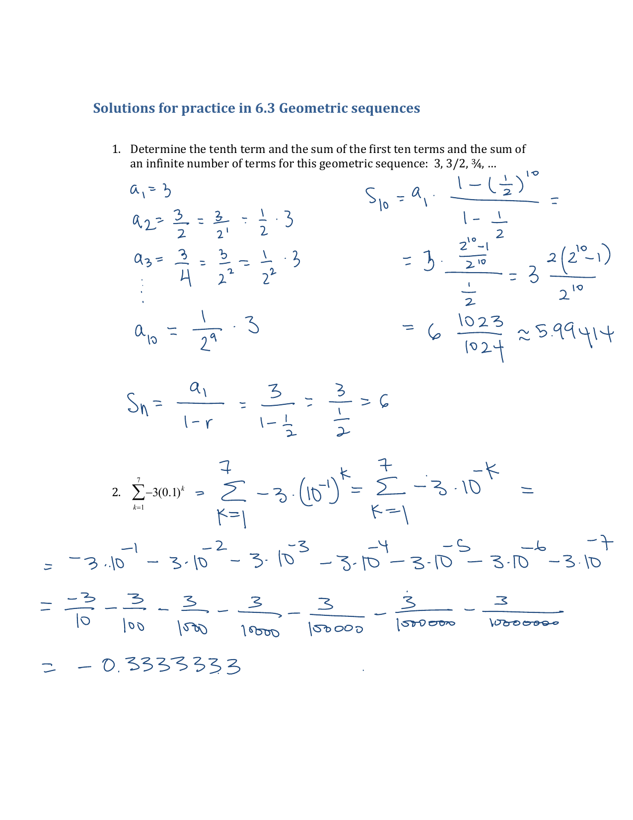 Solutions for practice in 25.25 Geometric sequences For Geometric Sequences Worksheet Answers