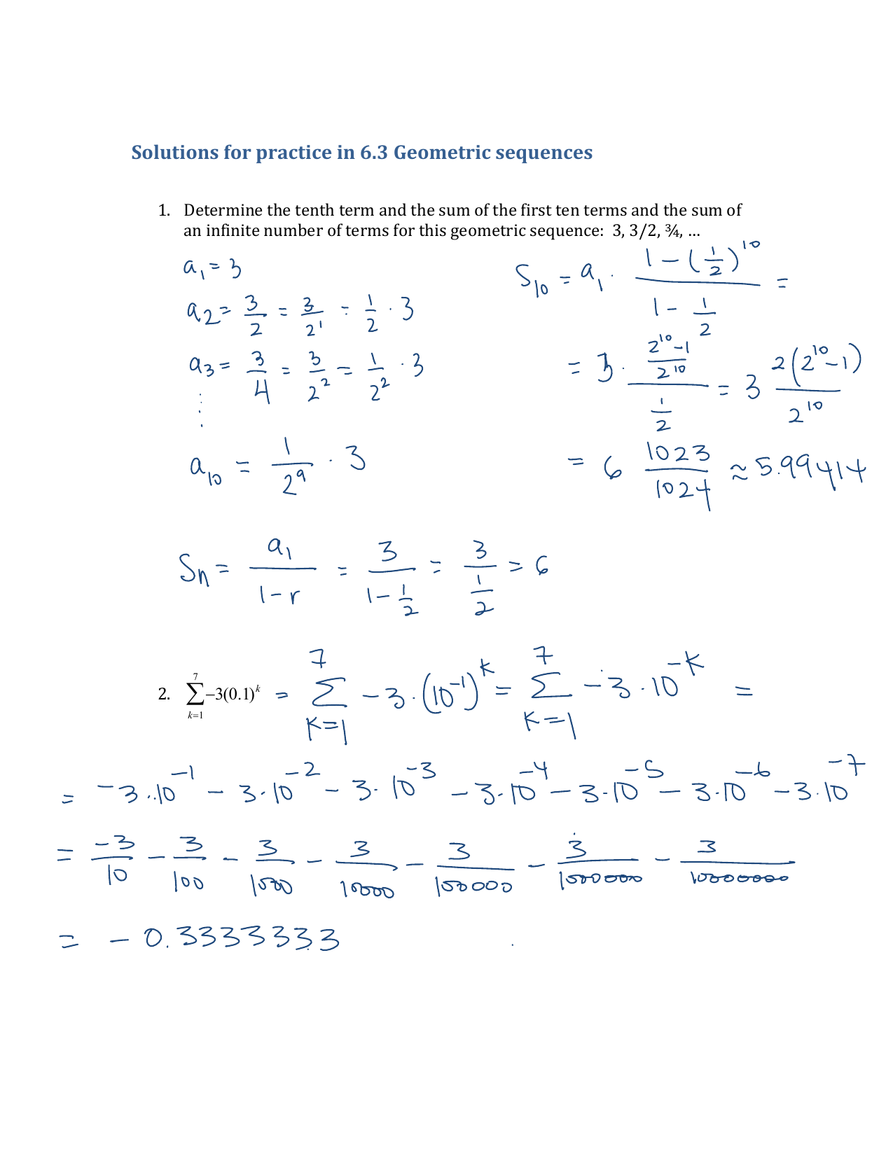 Solutions for practice in 20.20 Geometric sequences Within Geometric Sequences Worksheet Answers