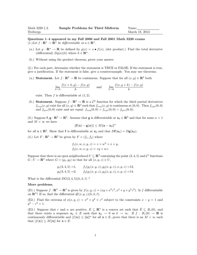 Math 32 2 Sample Problems For Third Midterm Name Treibergs