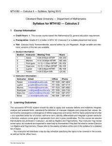 Syllabus for MTH182 — Calculus 2 1