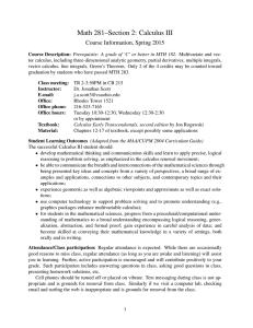 Math 281–Section 2: Calculus III Course Information, Spring 2015