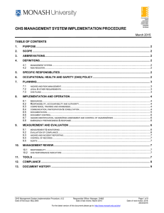 OHS MANAGEMENT SYSTEM IMPLEMENTATION PROCEDURE March 2015 TABLE OF CONTENTS