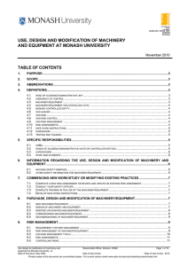 USE, DESIGN AND MODIFICATION OF MACHINERY AND EQUIPMENT AT MONASH UNIVERSITY