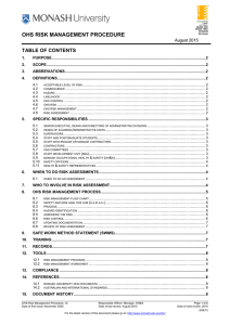 OHS RISK MANAGEMENT PROCEDURE TABLE OF CONTENTS  August 2015