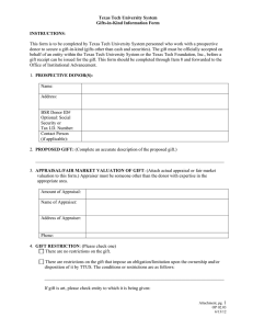 This form is to be completed by Texas Tech University... donor to secure a gift-in-kind (gifts other than cash and... Texas Tech University System