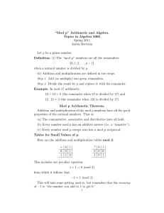 “Mod p” Arithmetic and Algebra. Topics in Algebra 5900 Spring 2011 Aaron Bertram