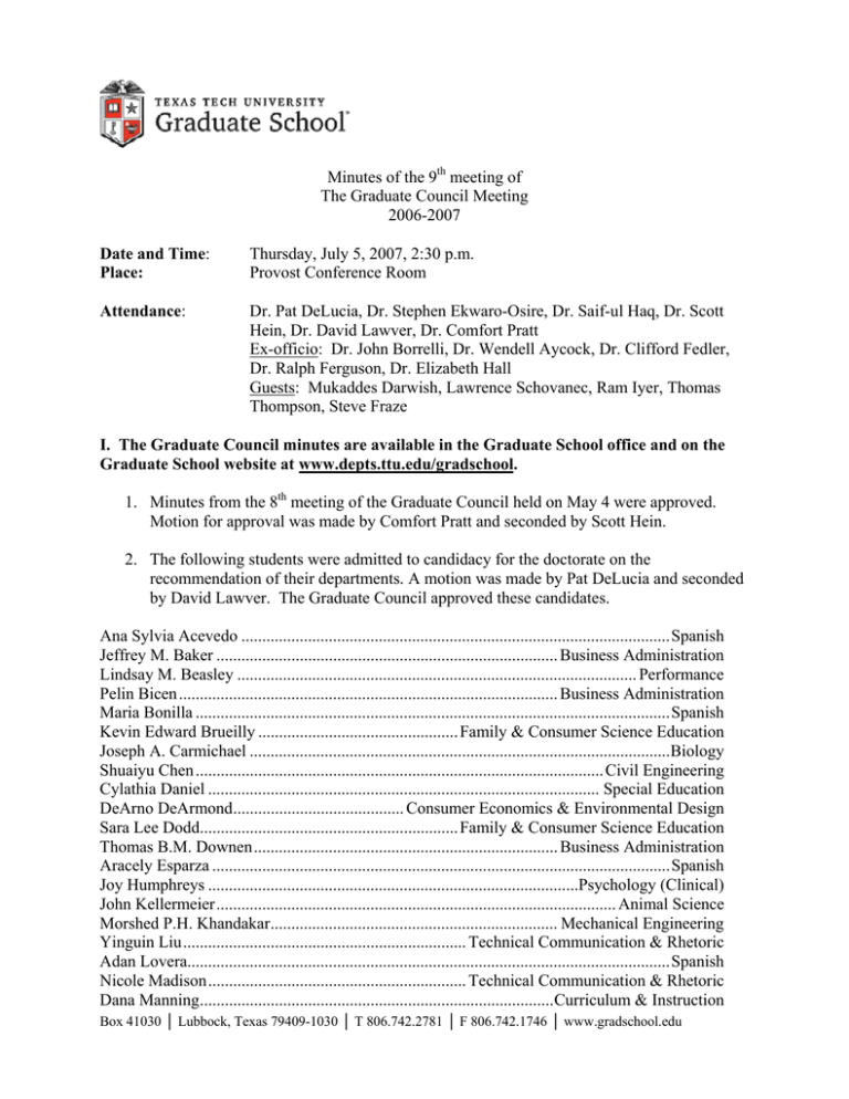Minutes of the 9 meeting of The Graduate Council Meeting