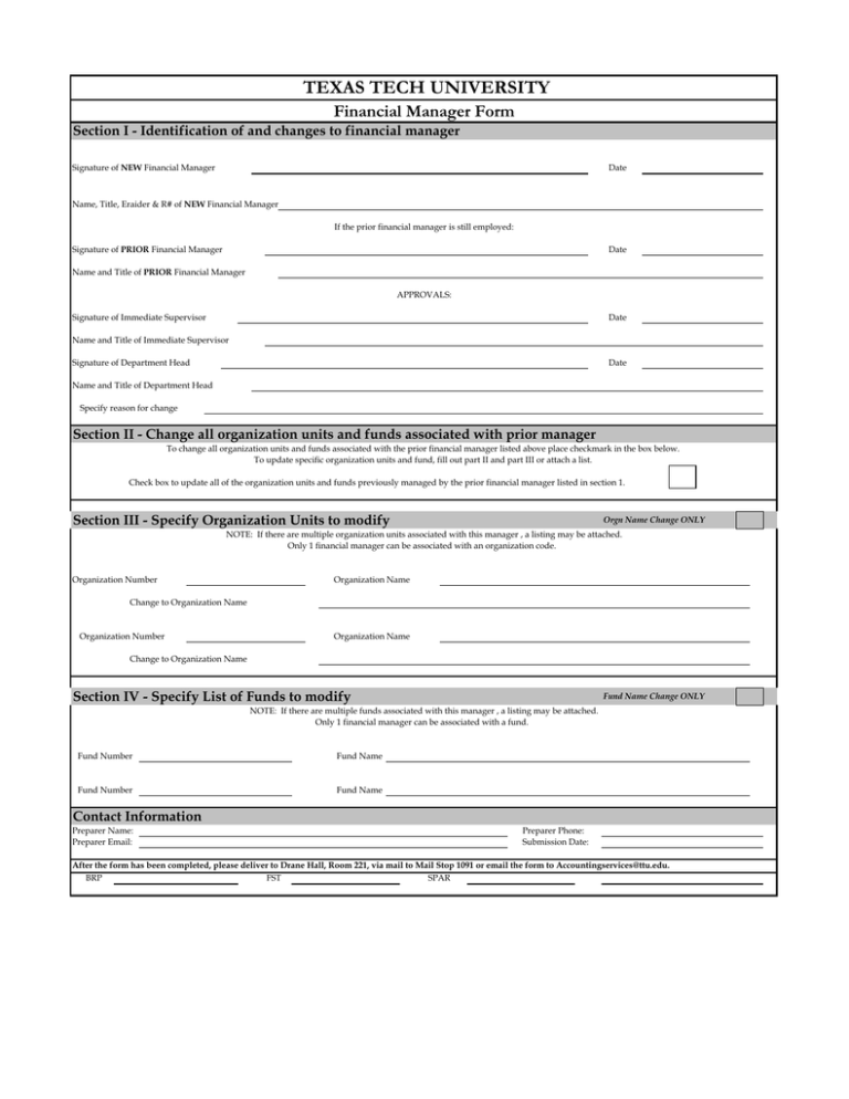 TEXAS TECH UNIVERSITY Financial Manager Form