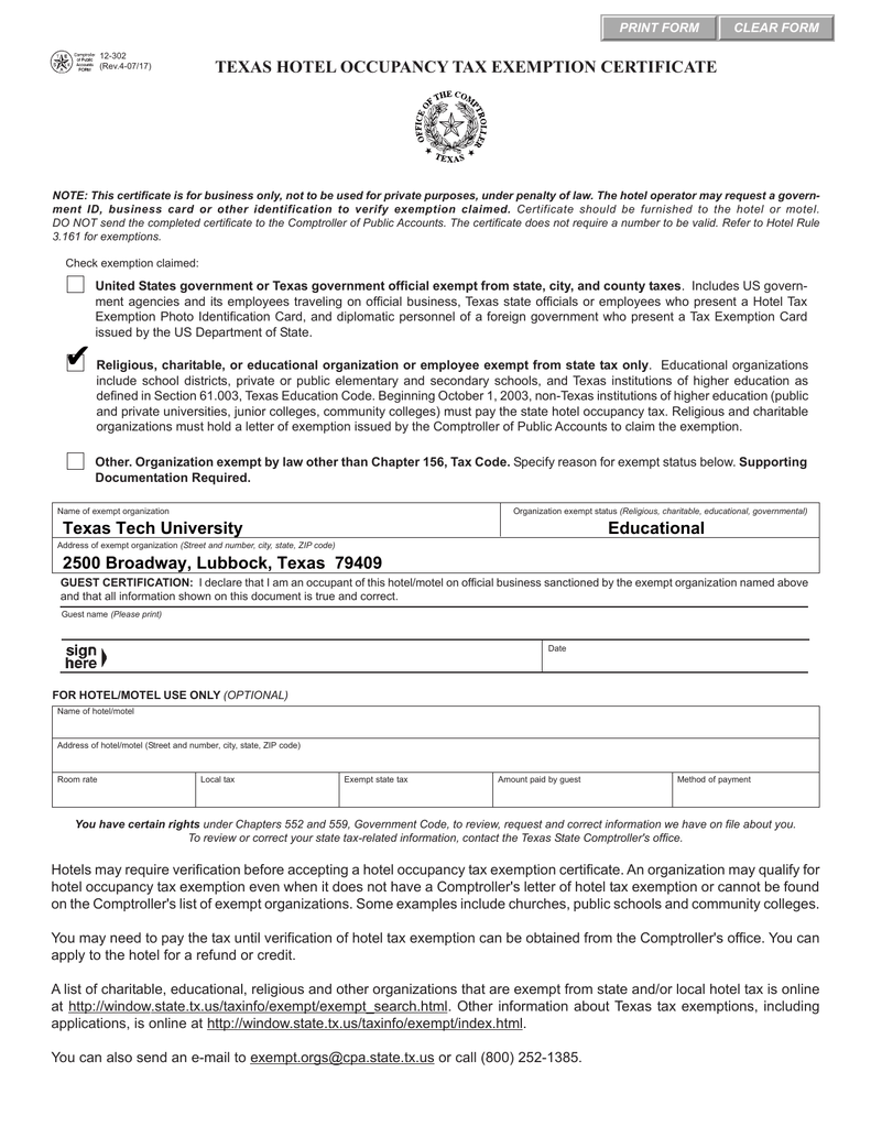 TEXAS HOTEL OCCUPANCY TAX EXEMPTION CERTIFICATE CLEAR FORM ...