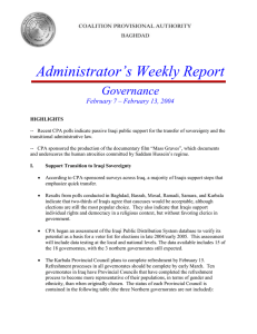 Administrator’s Weekly Report Governance February 7 – February 13, 2004