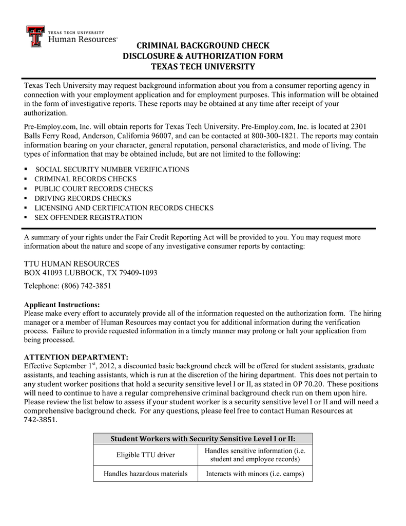 Criminal Background Check Disclosure Amp Authorization Form Texas Tech University