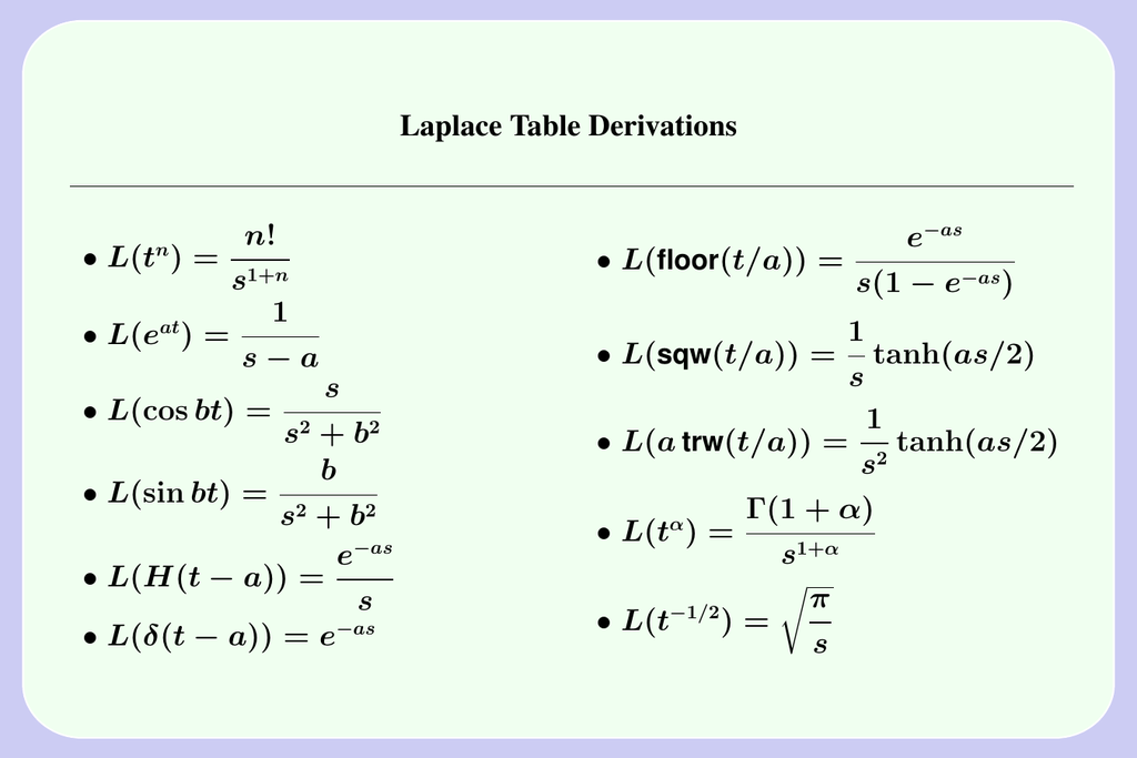 Laplace Table Derivations N E L T