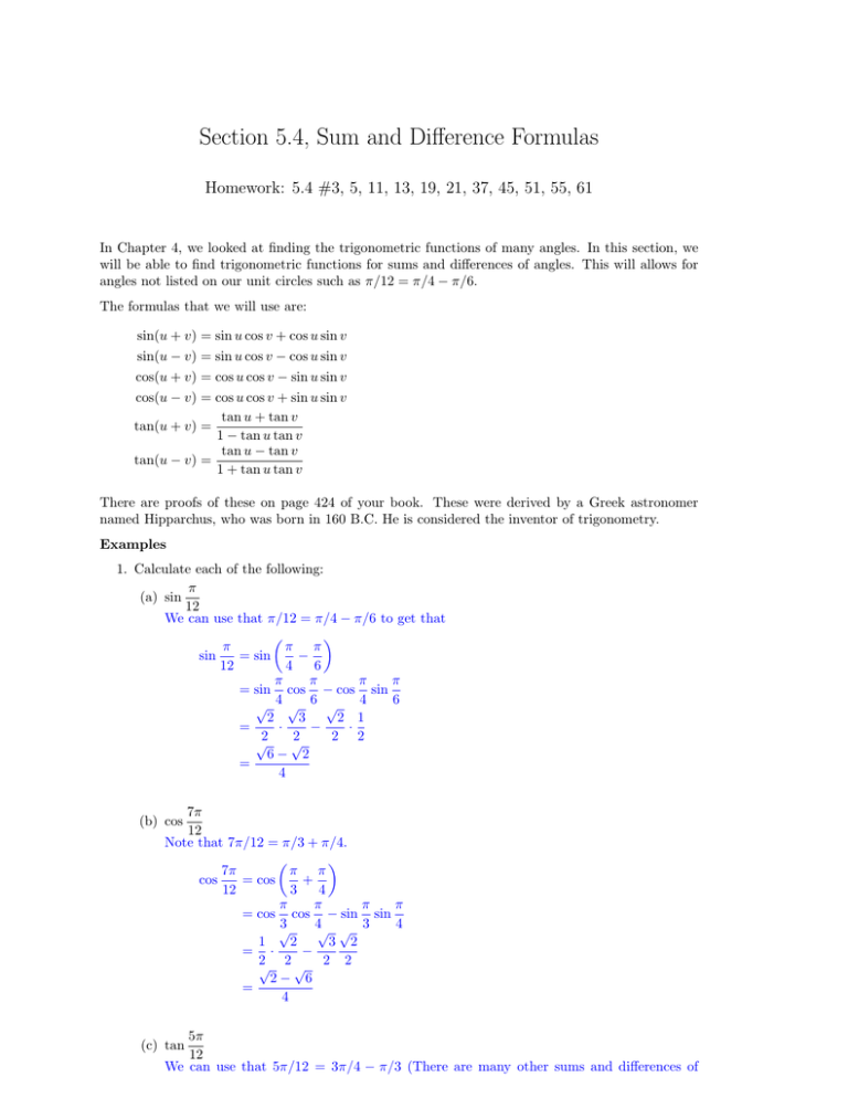 Section 5 4 Sum And Difference Formulas