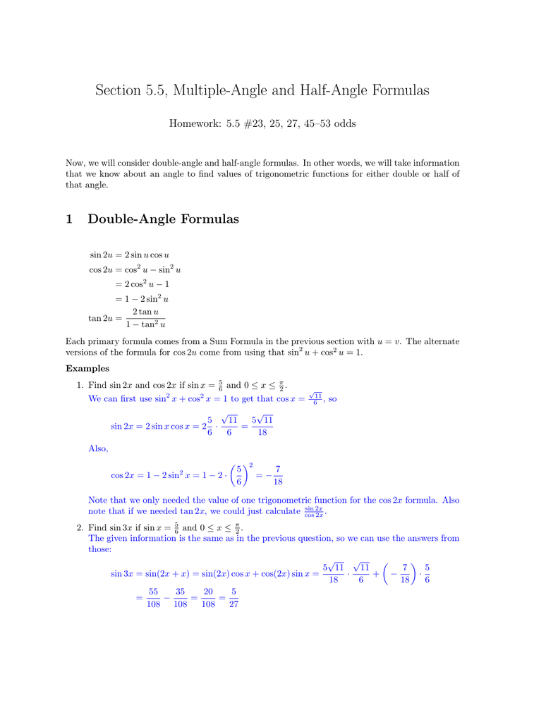 Section 5 5 Multiple Angle And Half Angle Formulas