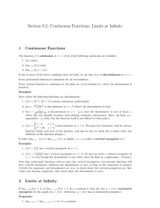 Section 9.2, Continuous Functions; Limits at Infinity 1 Continuous Functions