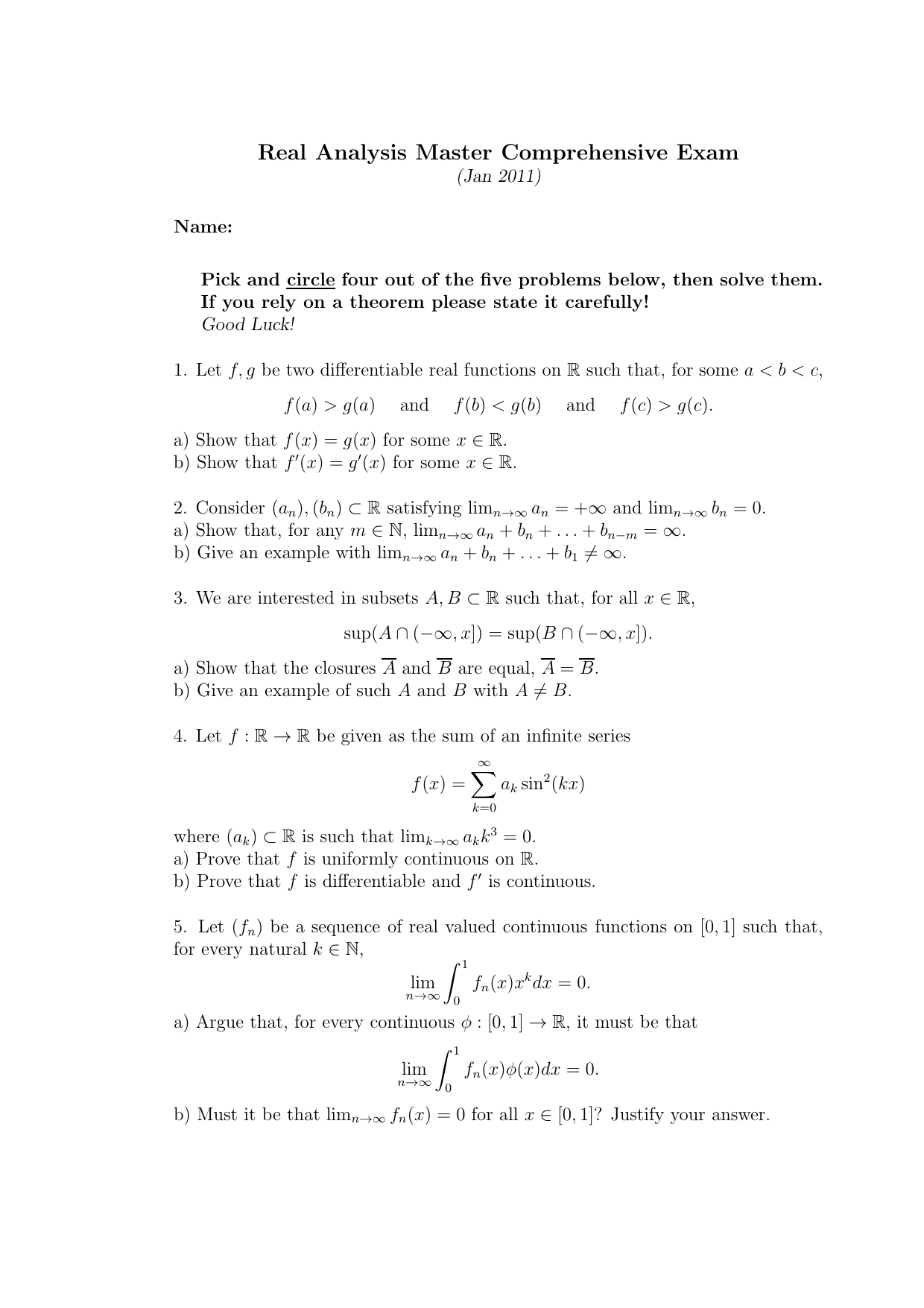 Real Analysis Master Comprehensive Exam