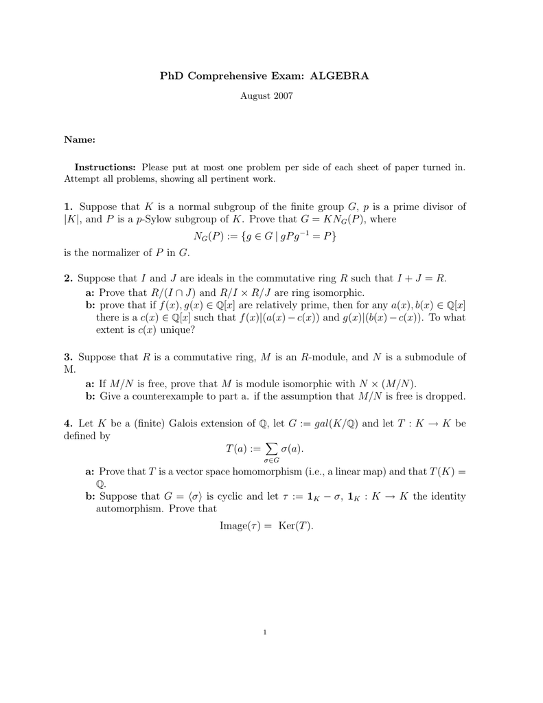 Phd Comprehensive Exam Algebra