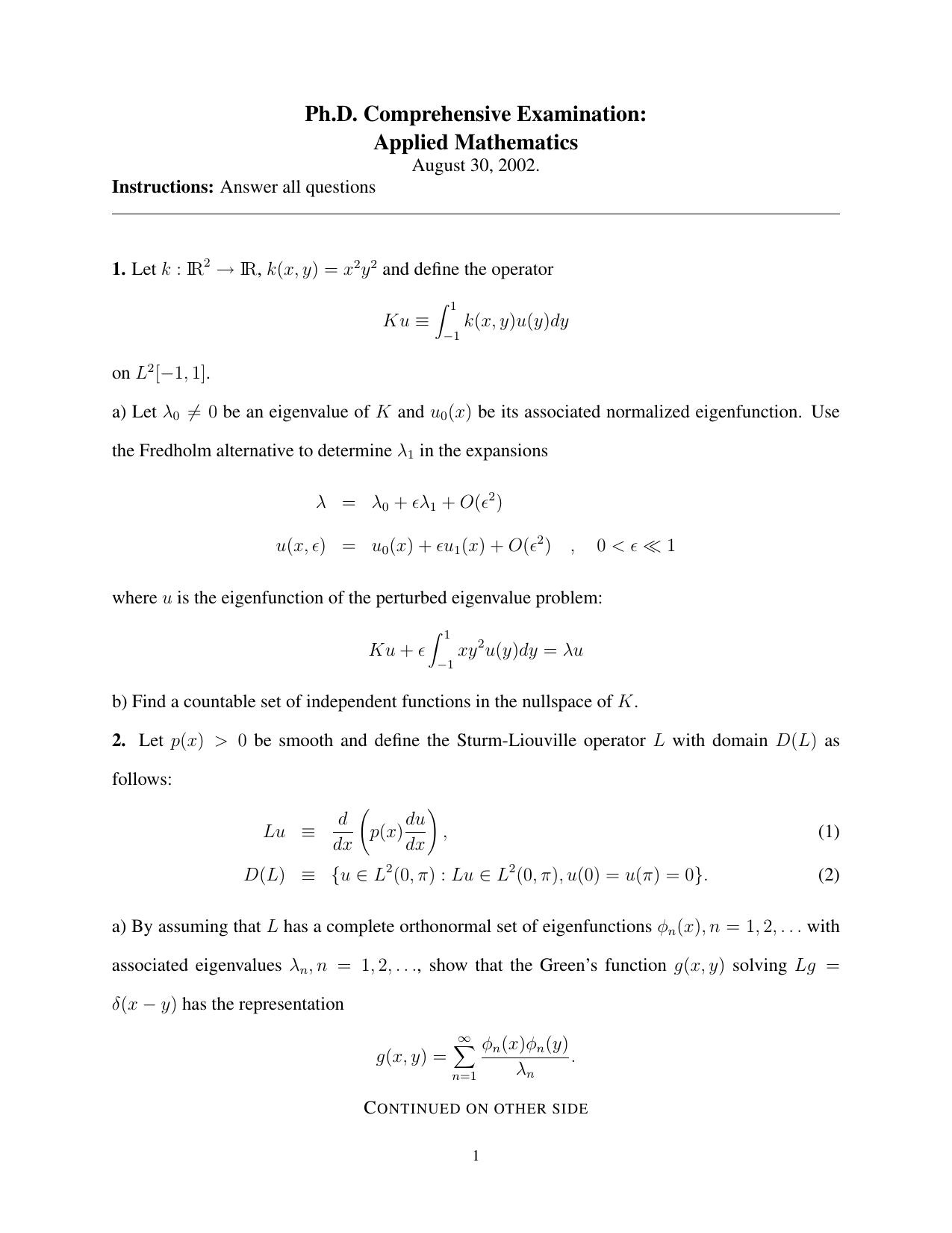 Ph D Comprehensive Examination Applied Mathematics