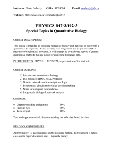 PHYSICS 847-3/492-3 Special Topics in Quantitative Biology