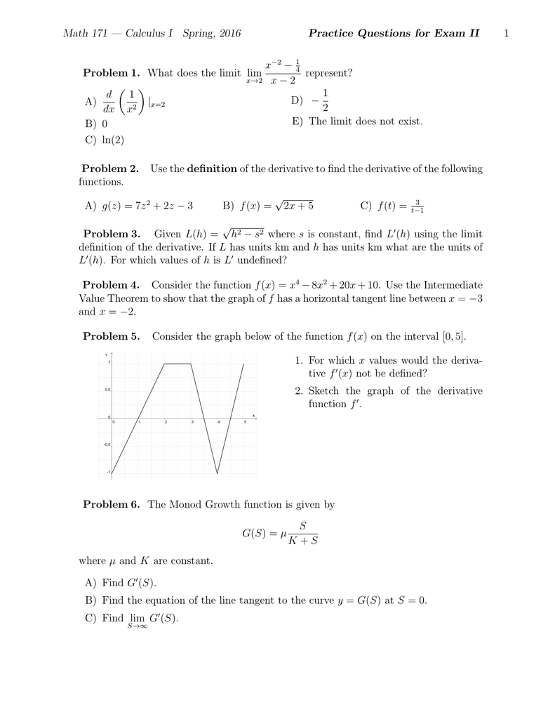 Math 171 Calculus I Spring 16 Practice Questions For Exam Ii 1