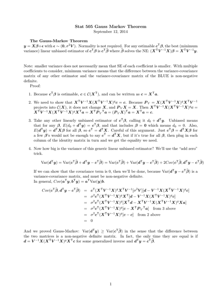 Stat 505 Gauss Markov Theorem