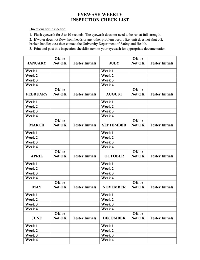 EYEWASH WEEKLY INSPECTION CHECK LIST