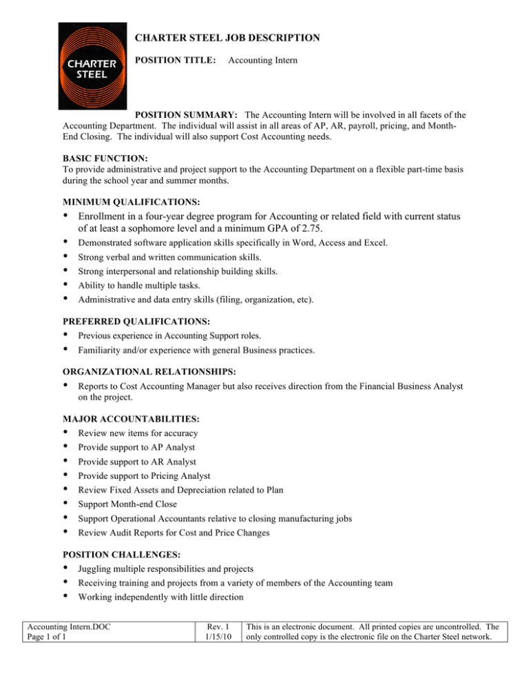 CHARTER STEEL JOB DESCRIPTION