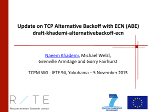 Update	on	TCP	Alterna0ve	Backoﬀ	with	ECN	(ABE) dra=-khademi-alterna0vebackoﬀ-ecn Naeem	Khademi