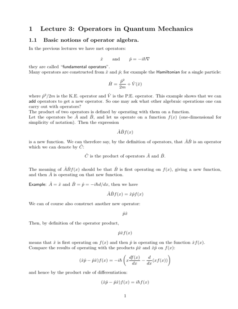 1 Lecture 3 Operators In Quantum Mechanics 1 1 Basic Notions Of Operator Algebra