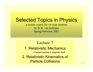 Selected Topics in Physics Lecture 7 1. Relativistic Mechanics 2. Relativistic Kinematics of