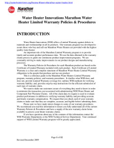 INTRODUCTION Water Heater Innovations Marathon Water Heater Limited Warranty Policies &amp; Procedures