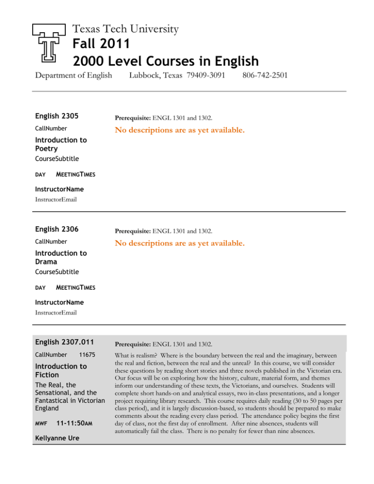 Fall 2011 2000 Level Courses in English Texas Tech University