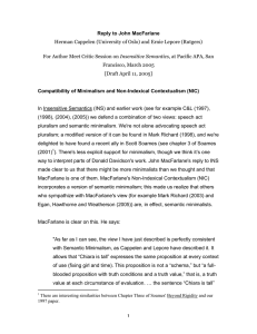 Reply to John MacFarlane Insensitive Semantics Francisco, March 2005